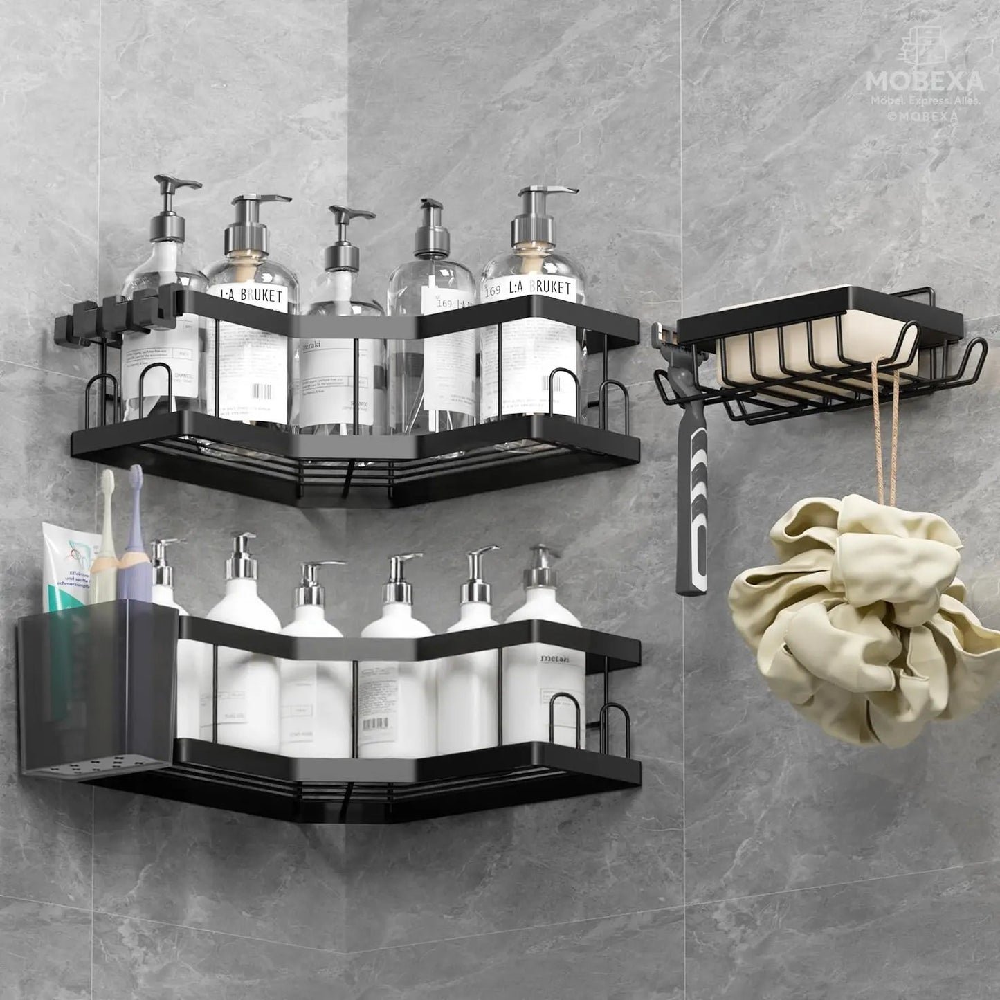 Shower Shelf No Drilling 4 Pieces Black (SM+1) Shower Shelf, Carbon Steel Bathroom Shelf with Adhesive, Shampoo Holder for Shower, Rust-Resistant Shower Basket, Shower Holder Accessories, Bathroom MOBEXA