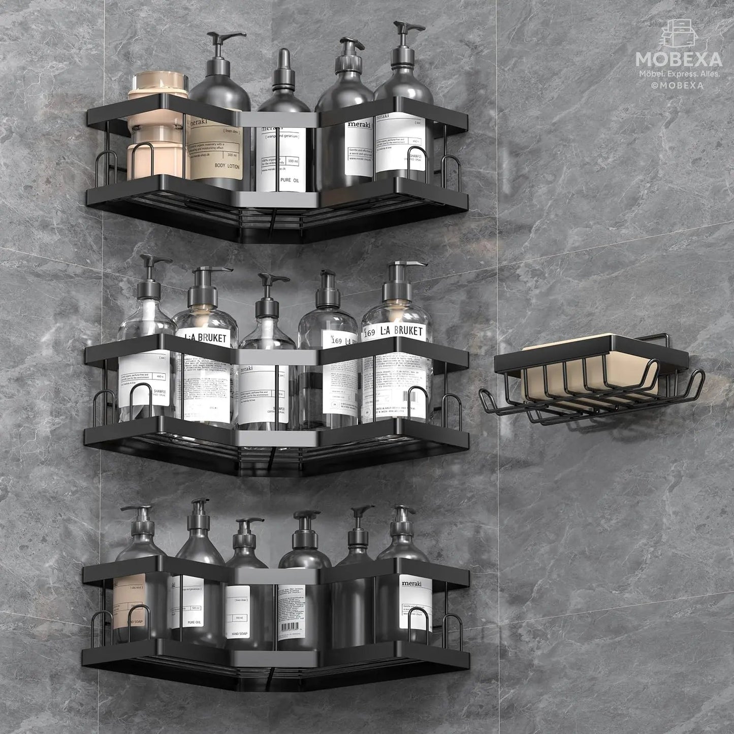 Shower Shelf No Drilling 4 Pieces Black (SM+1) Shower Shelf, Carbon Steel Bathroom Shelf with Adhesive, Shampoo Holder for Shower, Rust-Resistant Shower Basket, Shower Holder Accessories, Bathroom MOBEXA