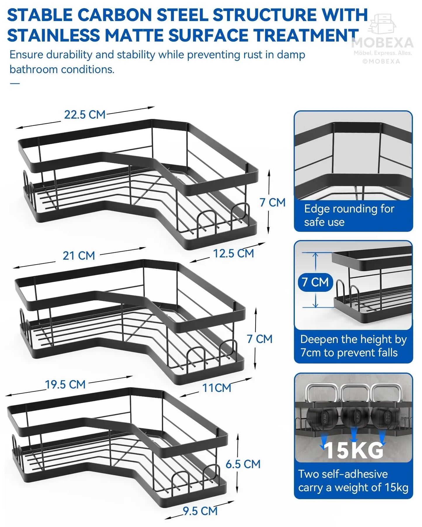 Shower Shelf No Drilling 4 Pieces Black (SM+1) Shower Shelf, Carbon Steel Bathroom Shelf with Adhesive, Shampoo Holder for Shower, Rust-Resistant Shower Basket, Shower Holder Accessories, Bathroom MOBEXA