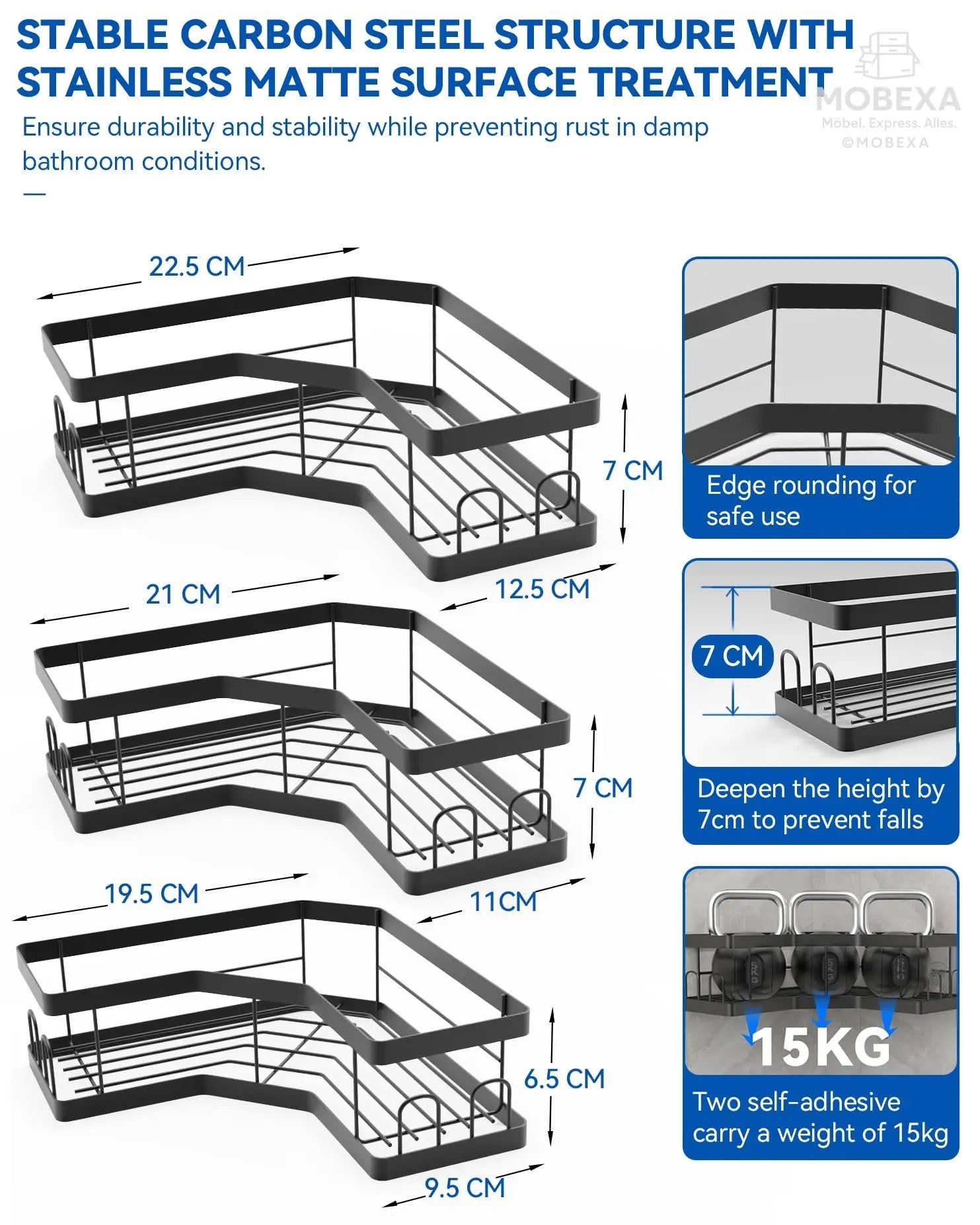 Shower Shelf No Drilling 4 Pieces Black (SM+1) Shower Shelf, Carbon Steel Bathroom Shelf with Adhesive, Shampoo Holder for Shower, Rust-Resistant Shower Basket, Shower Holder Accessories, Bathroom MOBEXA
