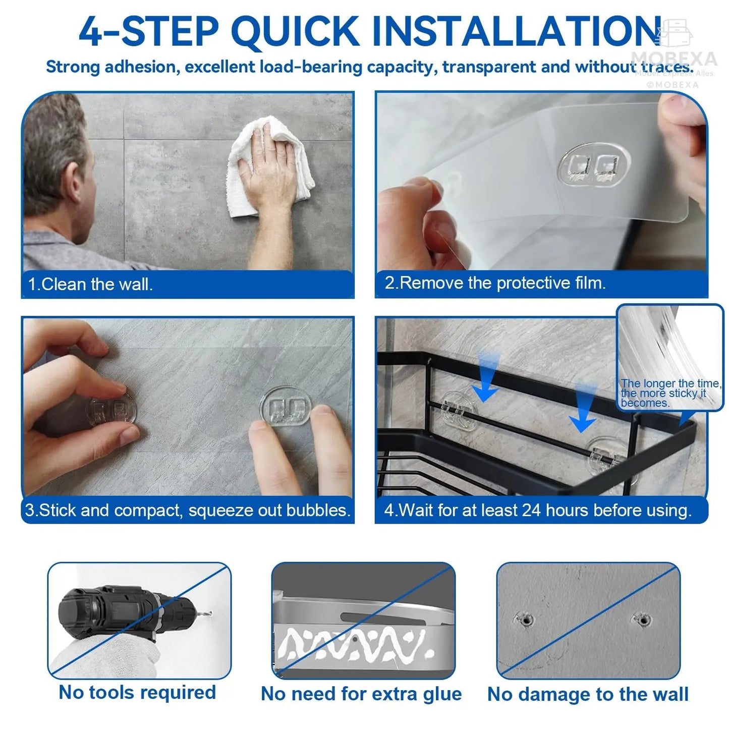 Shower Shelf No Drilling 4 Pieces Black (SM+1) Shower Shelf, Carbon Steel Bathroom Shelf with Adhesive, Shampoo Holder for Shower, Rust-Resistant Shower Basket, Shower Holder Accessories, Bathroom MOBEXA