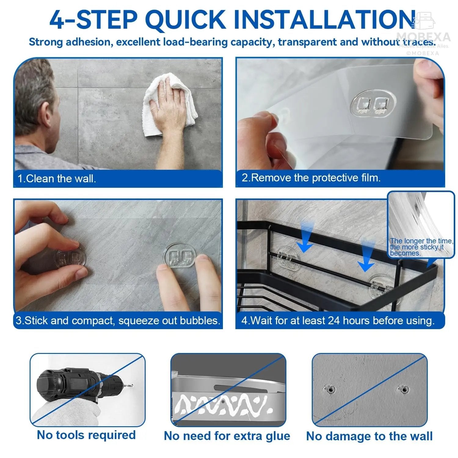 Shower Shelf No Drilling 4 Pieces Black (SM+1) Shower Shelf, Carbon Steel Bathroom Shelf with Adhesive, Shampoo Holder for Shower, Rust-Resistant Shower Basket, Shower Holder Accessories, Bathroom MOBEXA