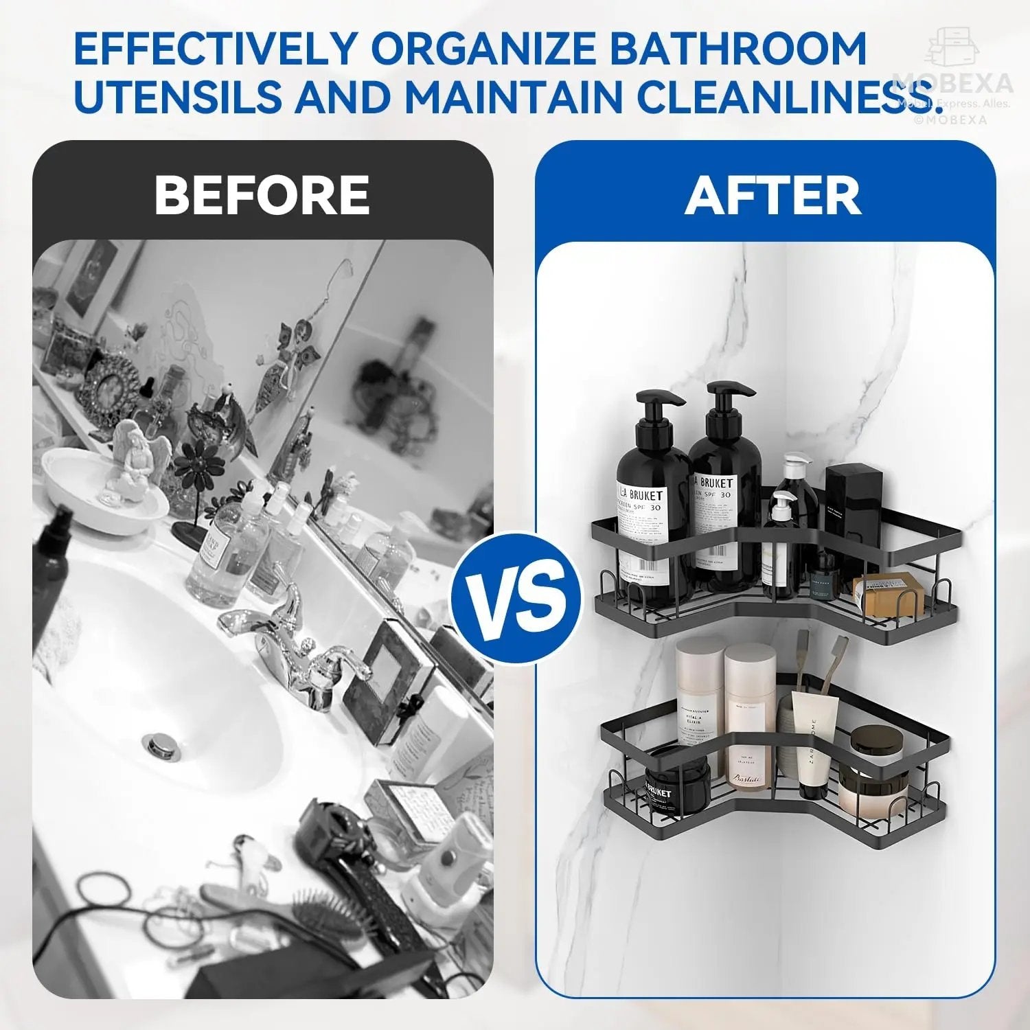 Shower Shelf No Drilling 4 Pieces Black (SM+1) Shower Shelf, Carbon Steel Bathroom Shelf with Adhesive, Shampoo Holder for Shower, Rust-Resistant Shower Basket, Shower Holder Accessories, Bathroom MOBEXA