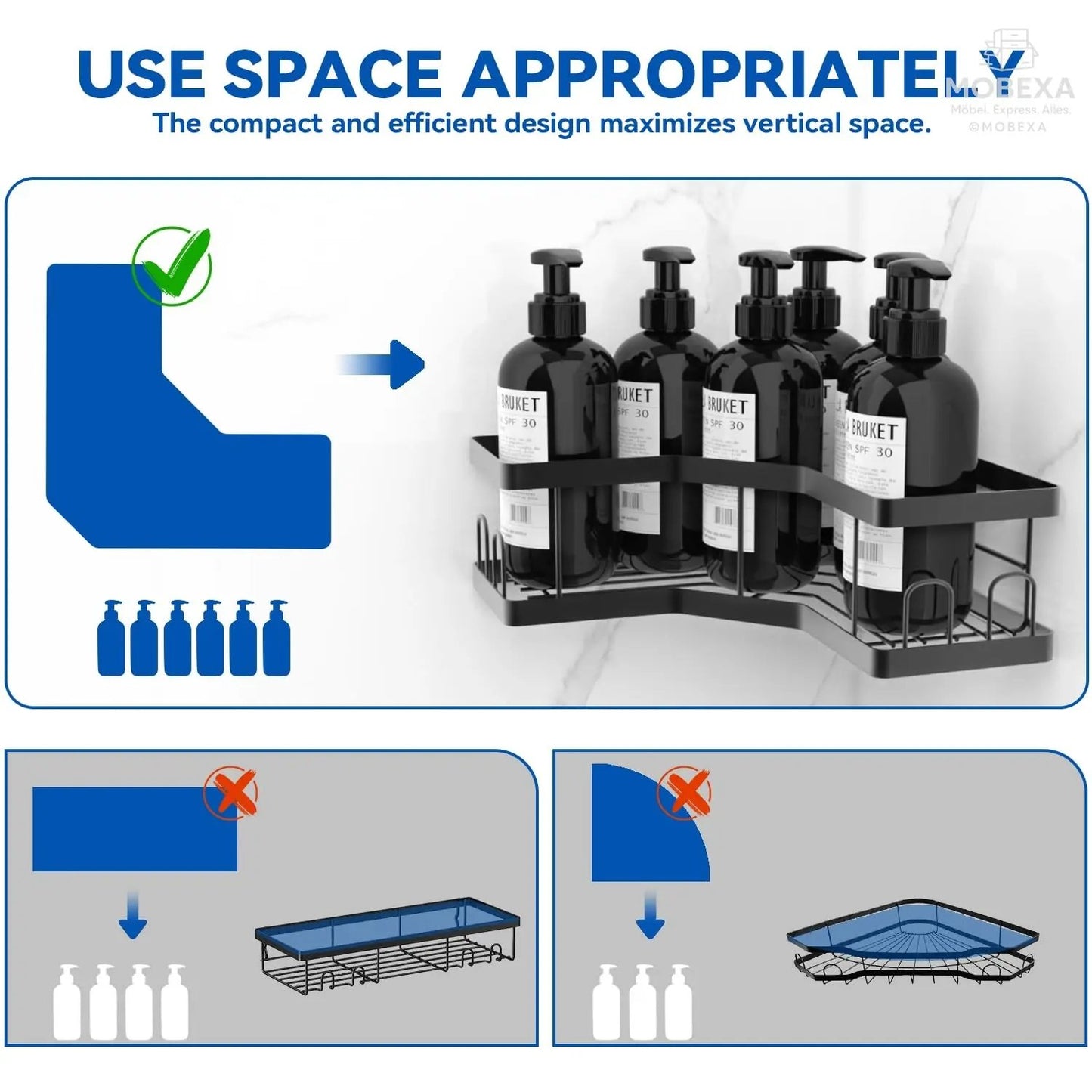 Shower Shelf No Drilling 4 Pieces Black (SM+1) Shower Shelf, Carbon Steel Bathroom Shelf with Adhesive, Shampoo Holder for Shower, Rust-Resistant Shower Basket, Shower Holder Accessories, Bathroom MOBEXA