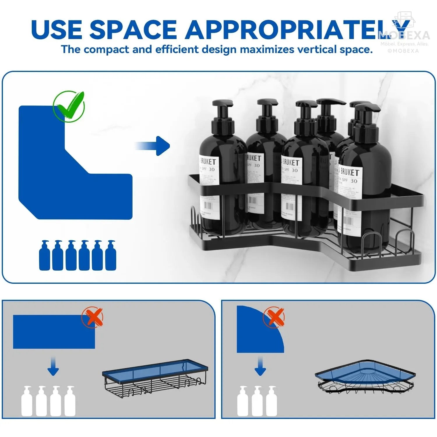 Shower Shelf No Drilling 4 Pieces Black (SM+1) Shower Shelf, Carbon Steel Bathroom Shelf with Adhesive, Shampoo Holder for Shower, Rust-Resistant Shower Basket, Shower Holder Accessories, Bathroom MOBEXA