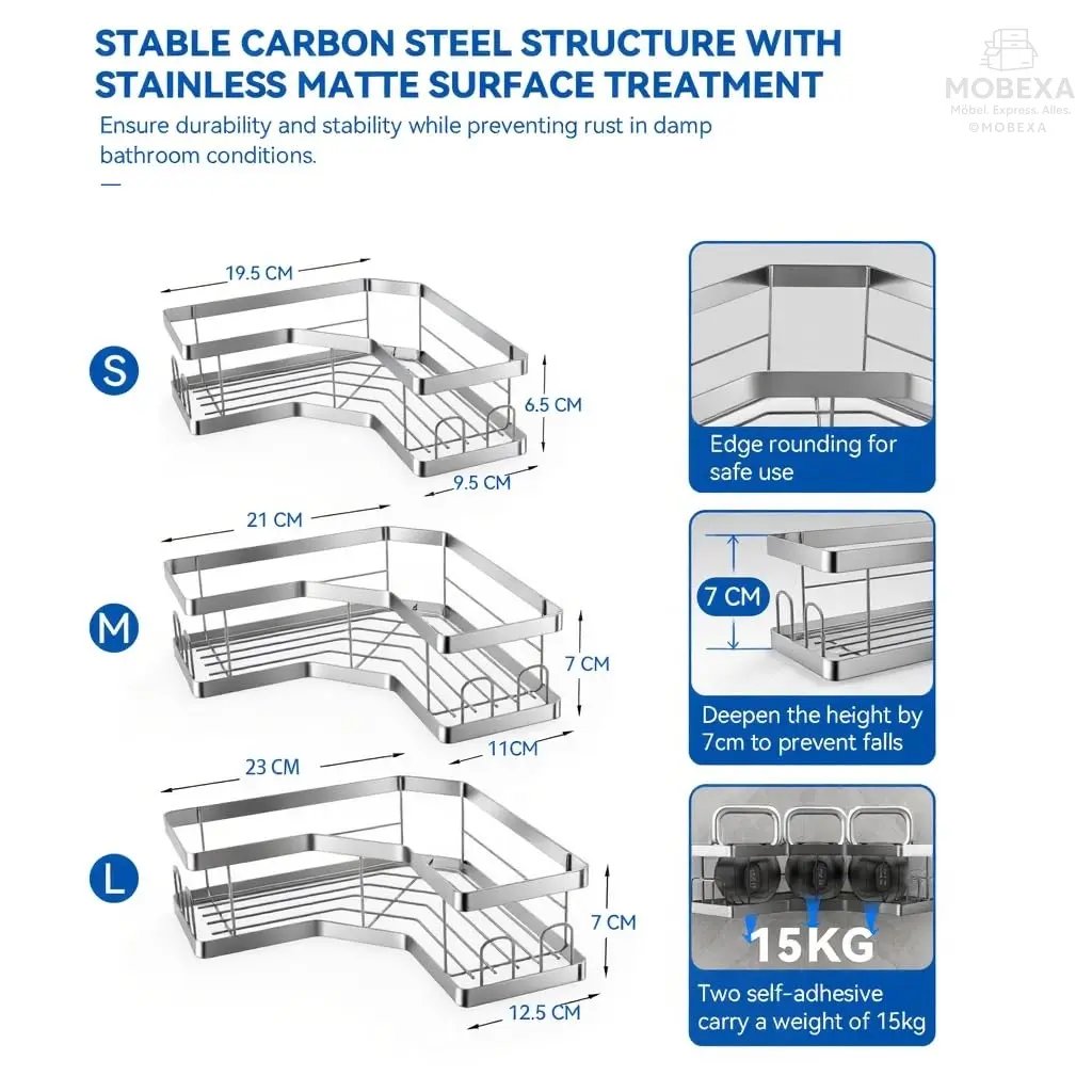 Shower Shelf No Drilling 4 Pieces Black (SM+1) Shower Shelf, Carbon Steel Bathroom Shelf with Adhesive, Shampoo Holder for Shower, Rust-Resistant Shower Basket, Shower Holder Accessories, Bathroom MOBEXA