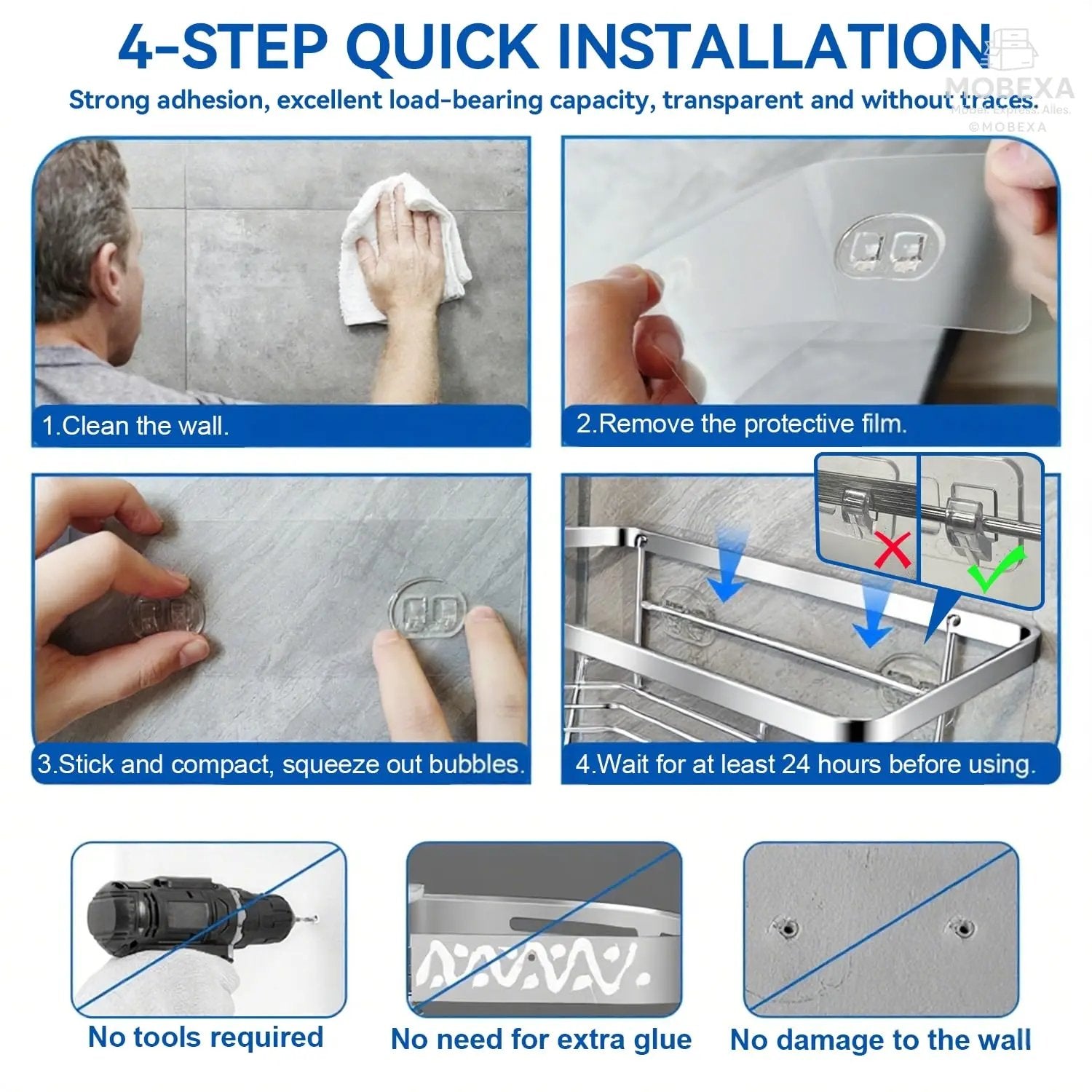 Shower Shelf No Drilling 4 Pieces Black (SM+1) Shower Shelf, Carbon Steel Bathroom Shelf with Adhesive, Shampoo Holder for Shower, Rust-Resistant Shower Basket, Shower Holder Accessories, Bathroom MOBEXA